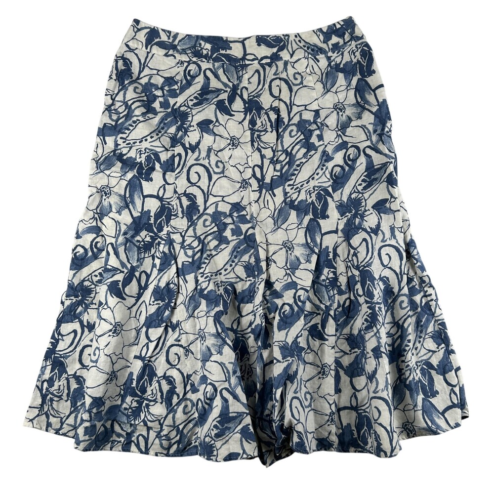 JM Collection Skirt Womens 12 Blue Linen A-Line Knee Length Floral Print Summer